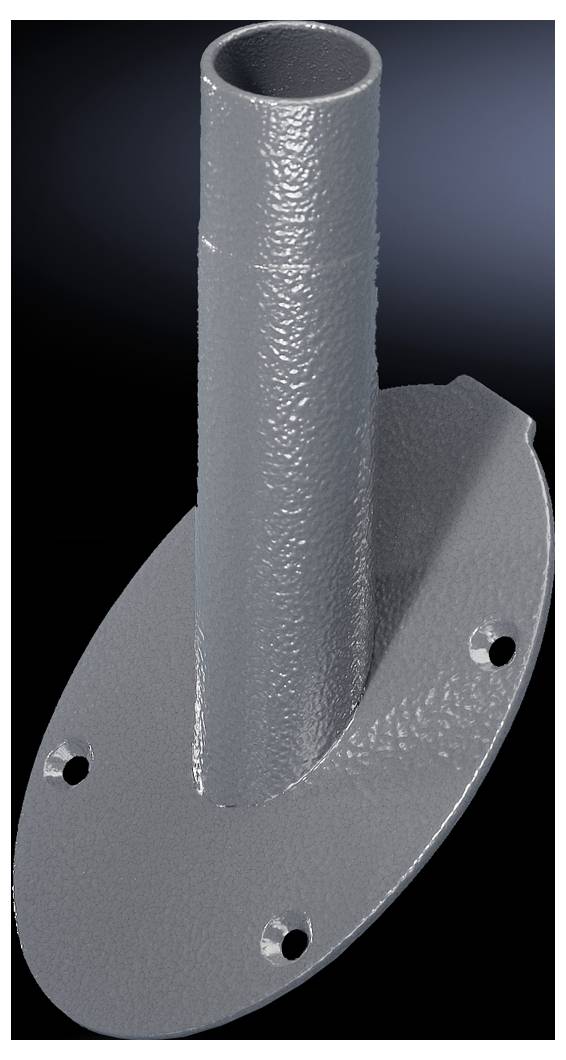 A grey, cylindrical metal component with an oval base that can be used for mounting purposes.