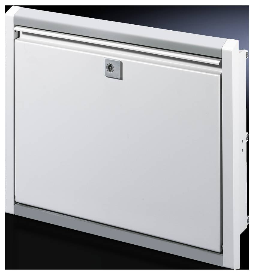 White, square metal hatch with a lock in the centre, surrounded by a narrow frame, against a dark background.