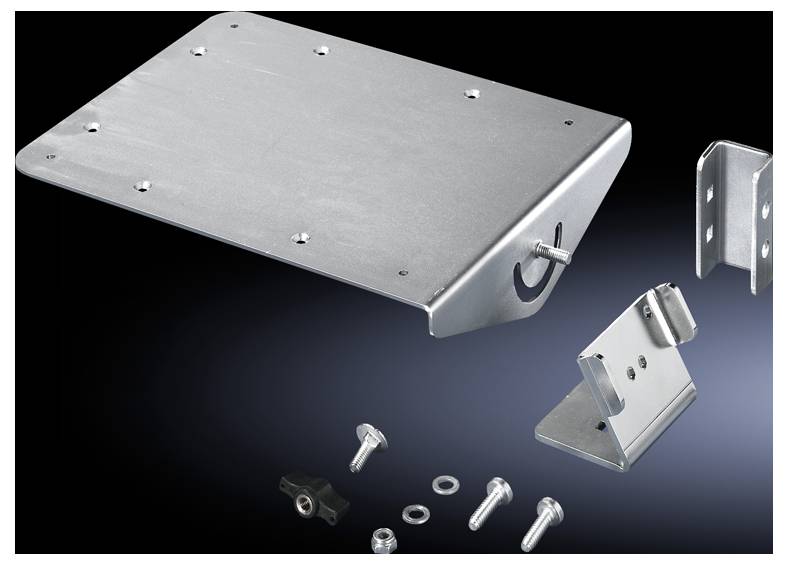 Metal plate with mounting holes and mounting components such as screws and brackets on a black background.