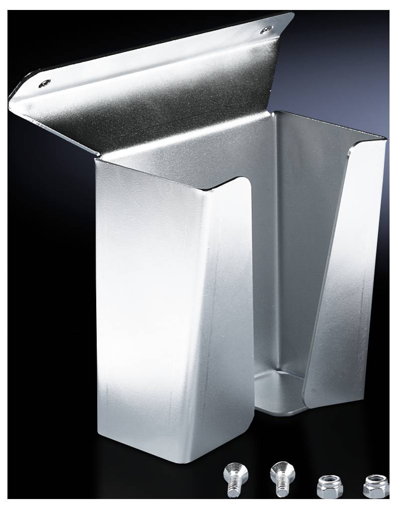 Metallic rectangular container with a removable lid, shown beside four screws, against a dark background.