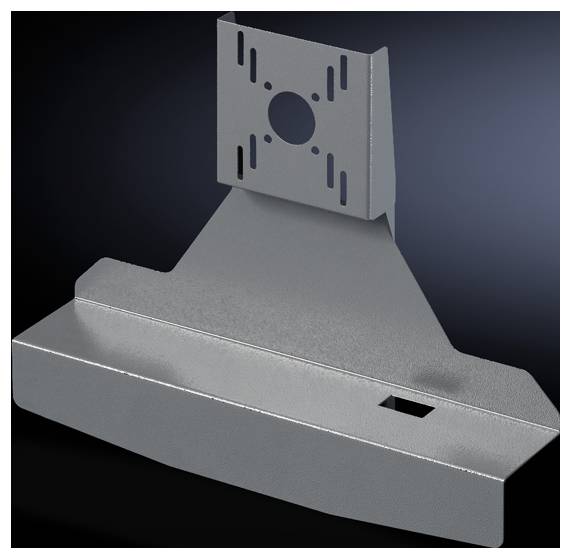 Steel structural component with a geometric shape, flat base and upright mounting bracket with a central hole and lateral slots, for assembly purposes.