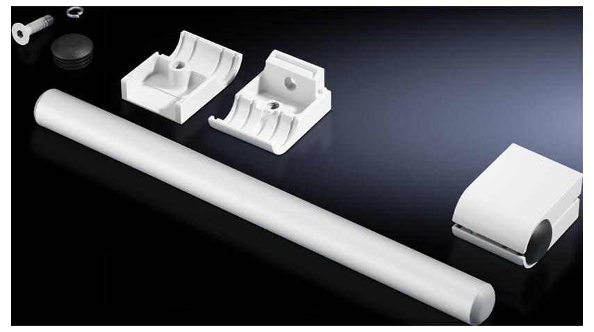 White metal tube components on a dark background, with two mounting brackets and a cover. Components for assembly purposes.