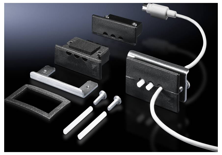 A safety switch with cable and mounting elements on a black background; used for machine safeguarding.