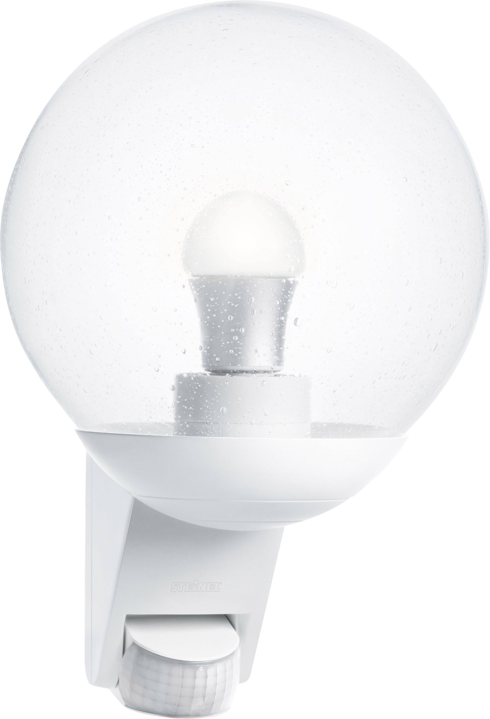 White outdoor light with a round, transparent lampshade and a motion sensor on the underside.