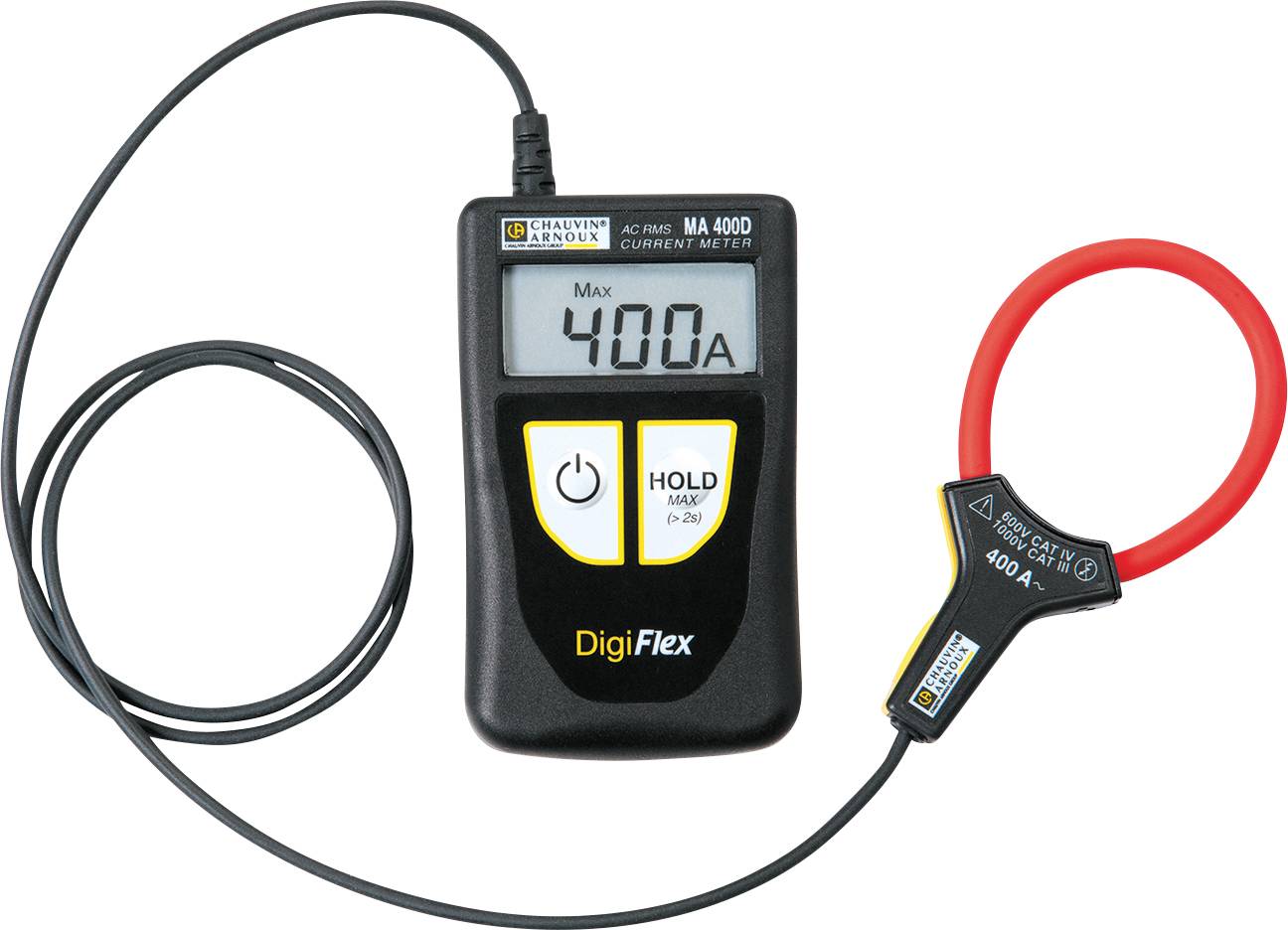 Digital electrical current meter with measuring cable and display showing '400A'. Suitable for checking electrical circuits.