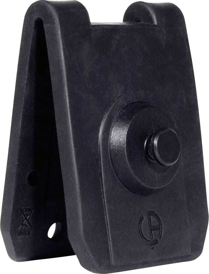 Black plastic belt clip with a round button in the centre, designed for secure attachment to materials or equipment.