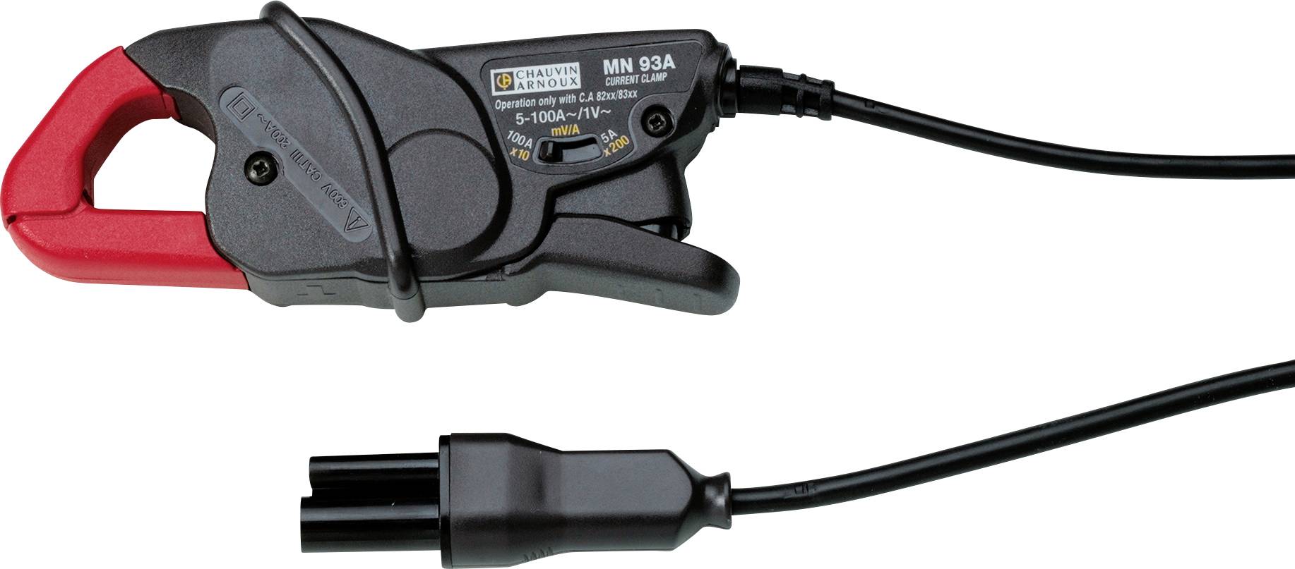 An electrical clamp meter with a black casing and red measurement range, connected with a black cable and plug.