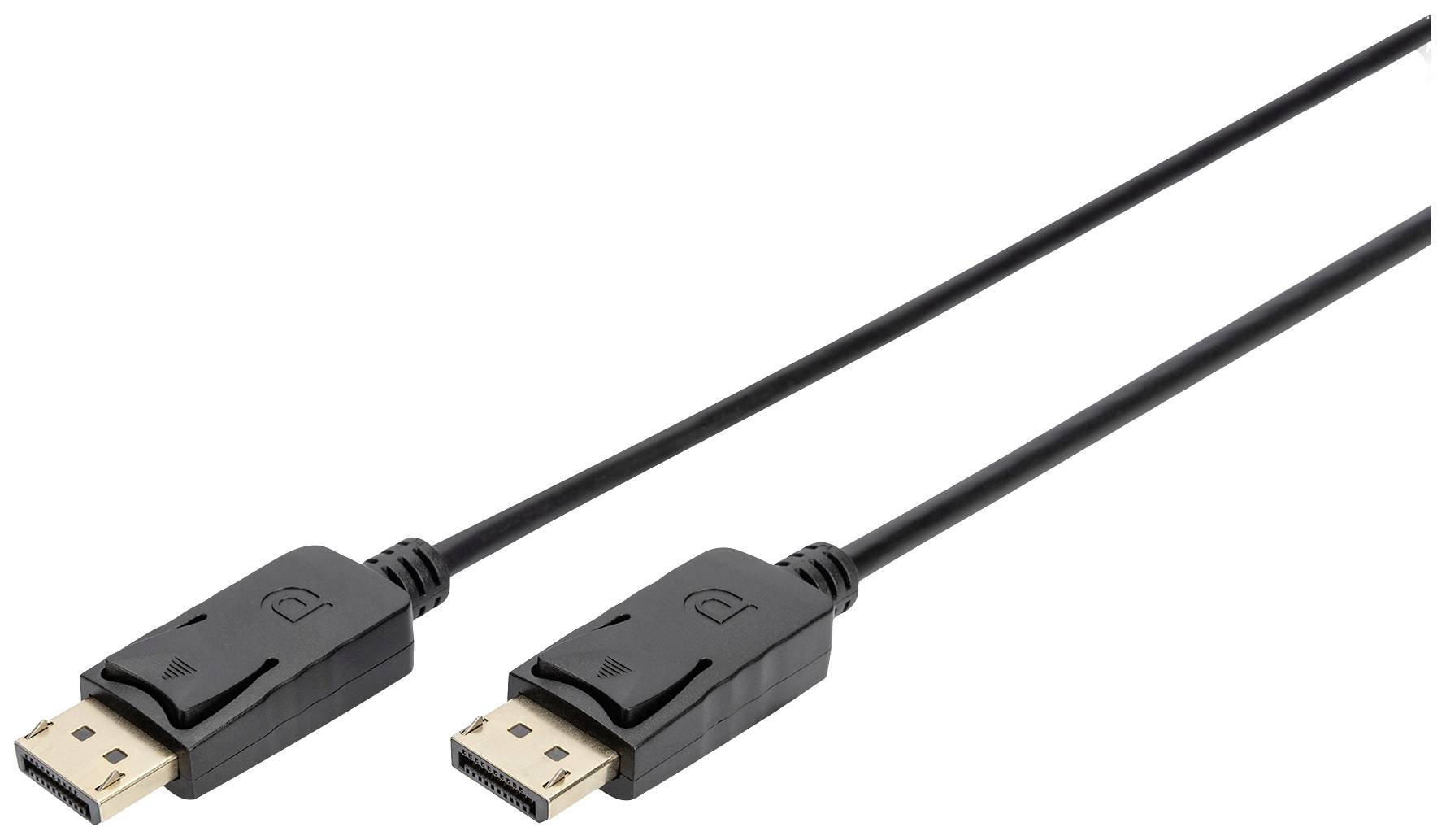 A black DisplayPort cable with two identical connectors, used for connecting monitors to computers.