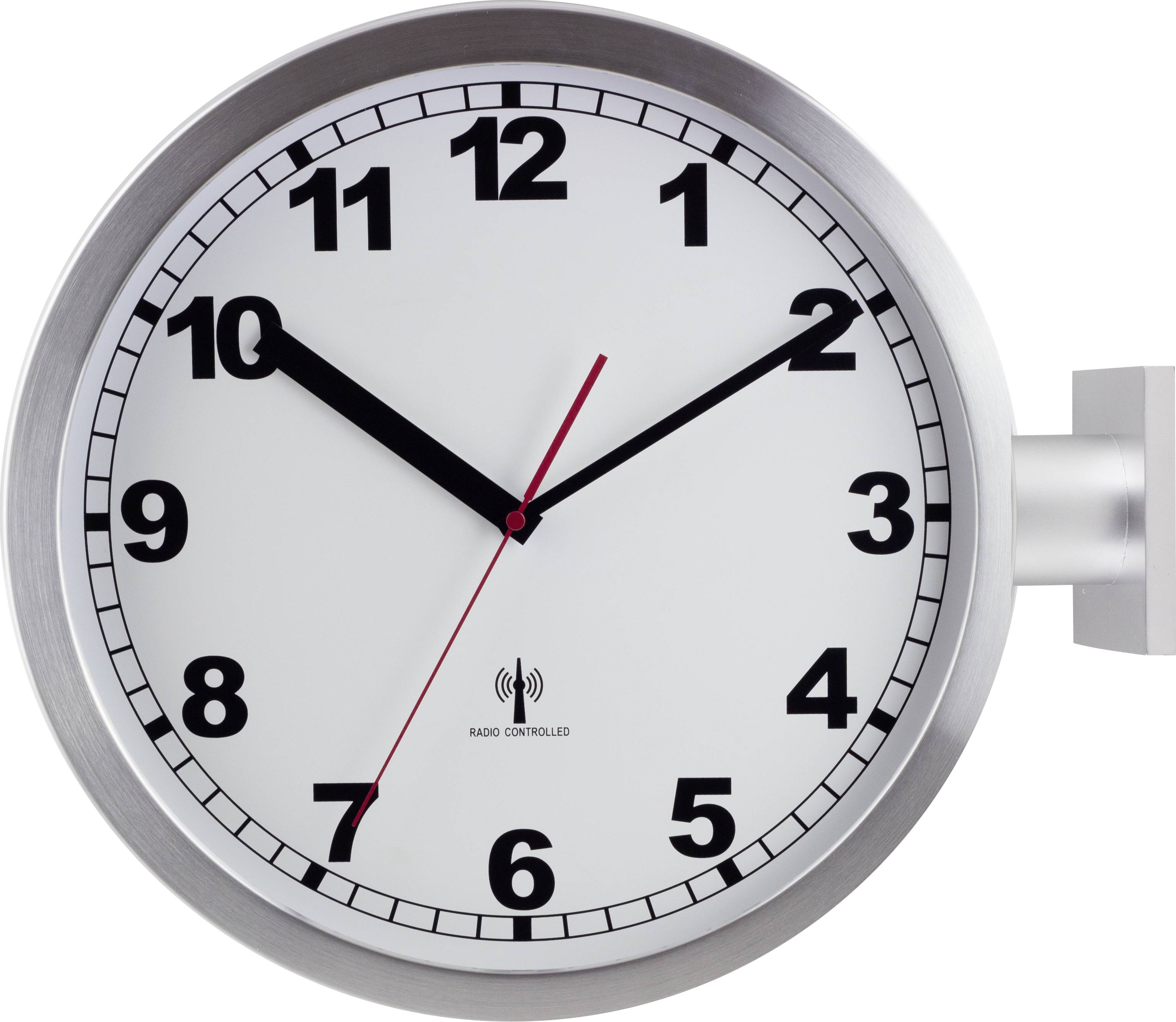 Analogue wall clock with silver frame; shows 10:10. This clock is radio-controlled.