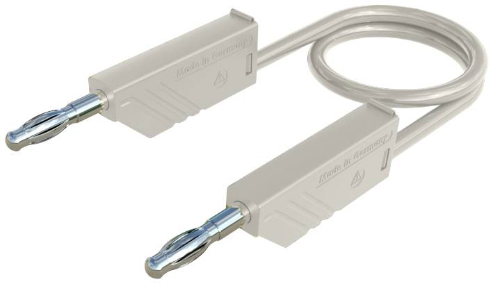 A grey speaker cable with two banana plugs. The plugs are marked 'Made in Germany'. Suitable for audio connections.