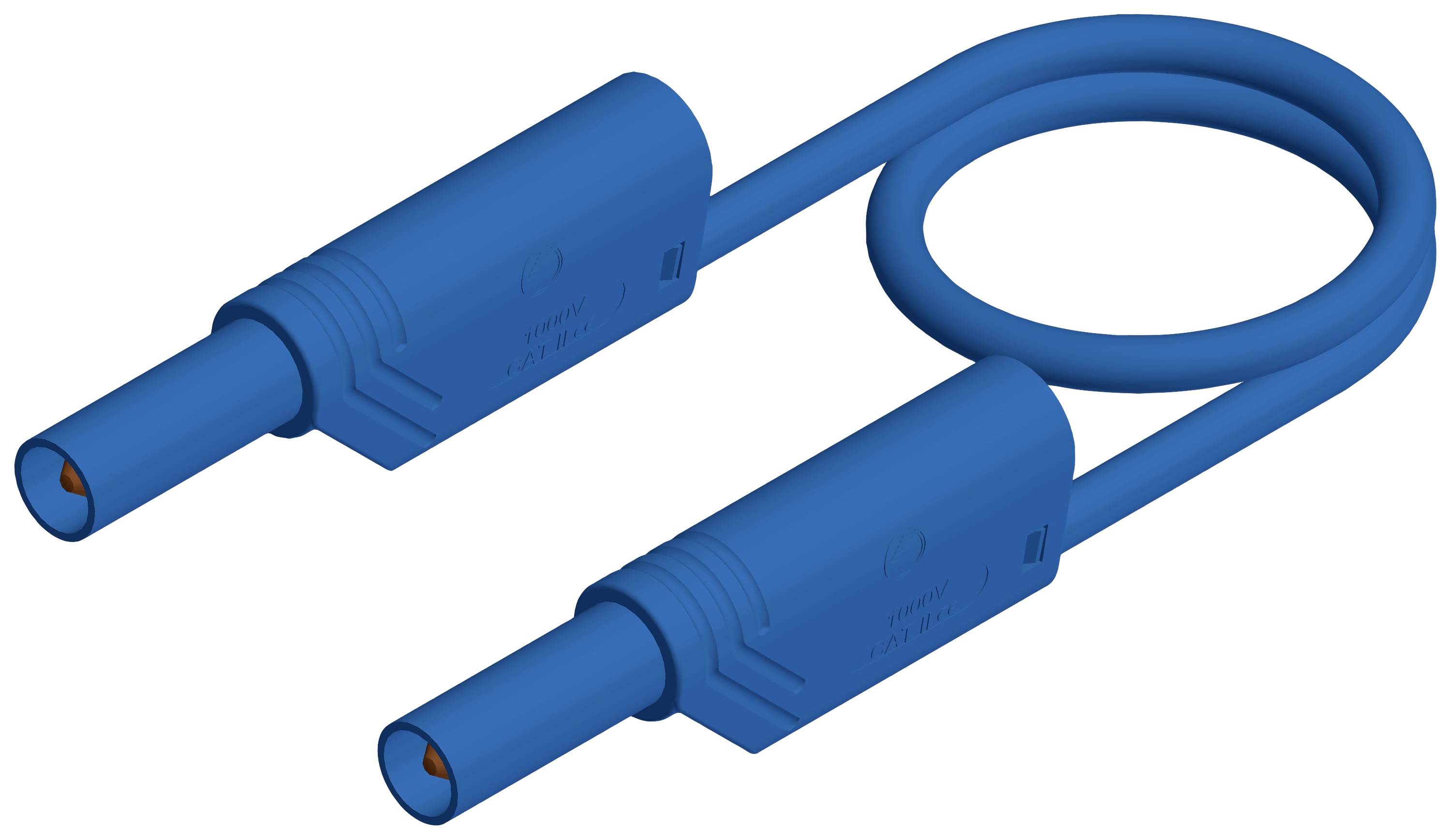 A blue electrical measuring cable with two identical plugs, suitable for connecting measuring instruments.