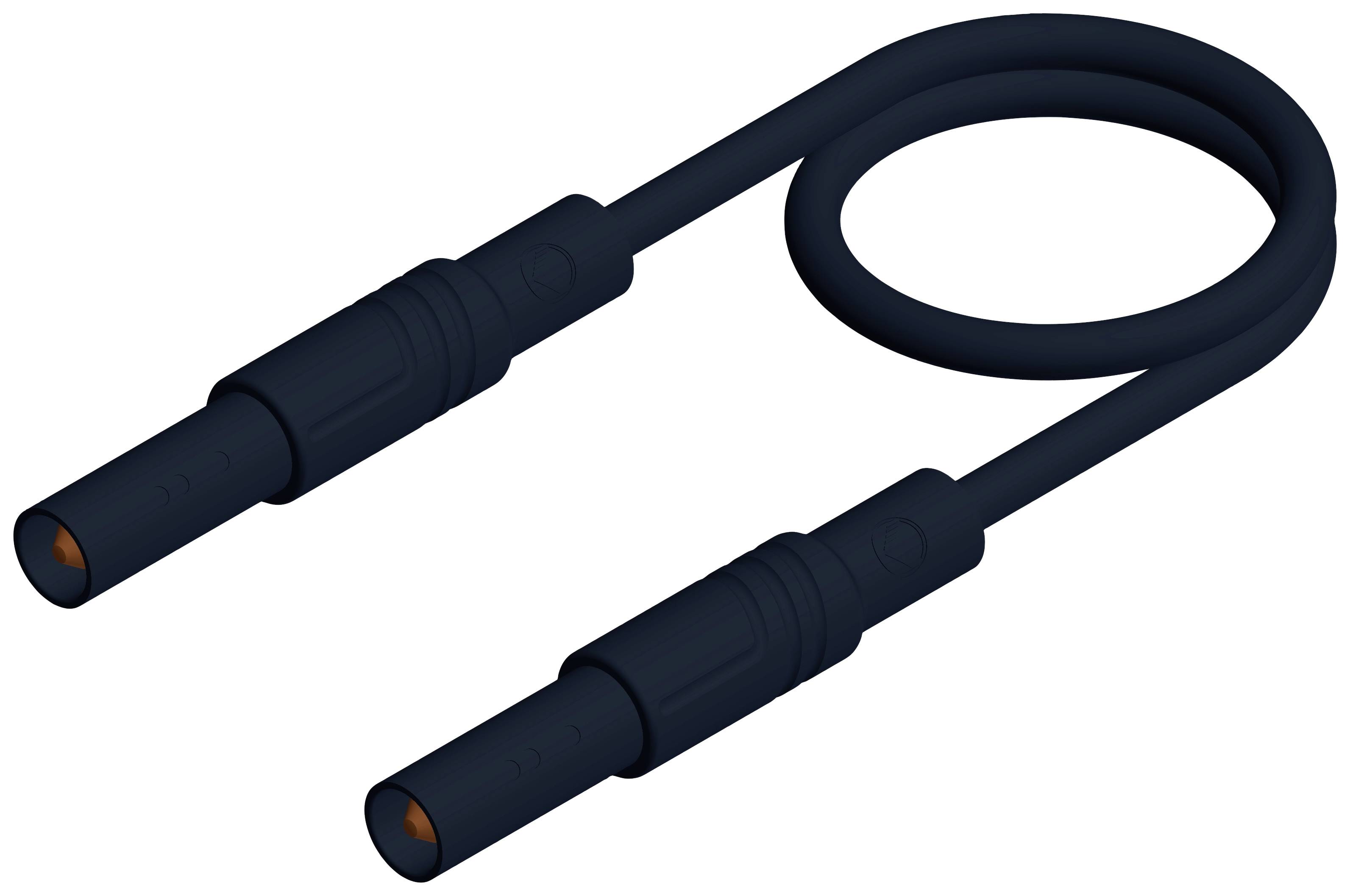 Black, curved cable with two plugs at its ends. Used for electronic connections.