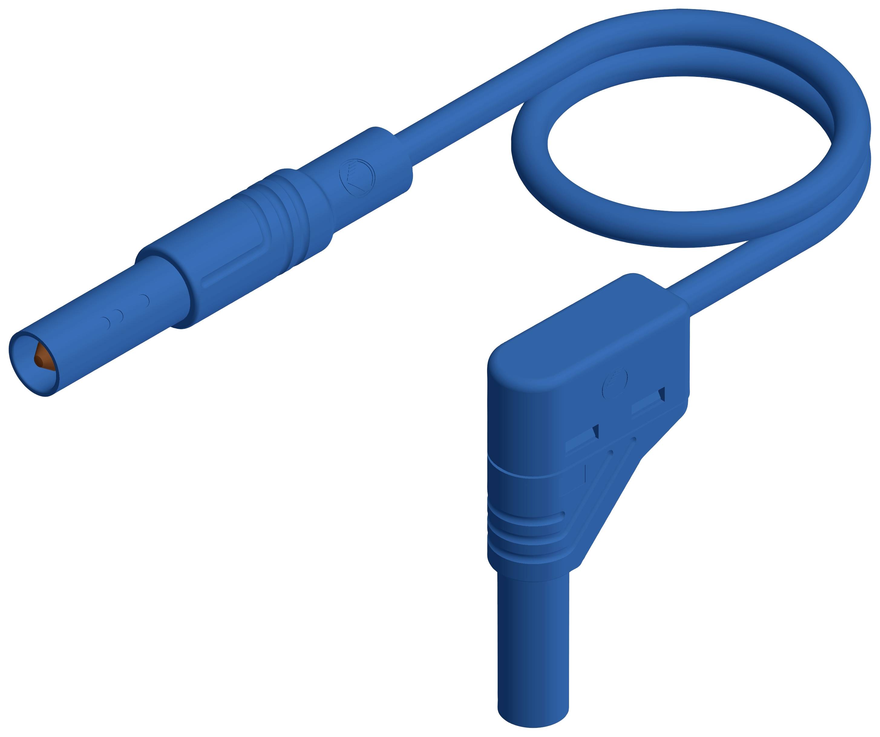 Blue electric connection cable with a circular loop and two plug connectors at the ends.