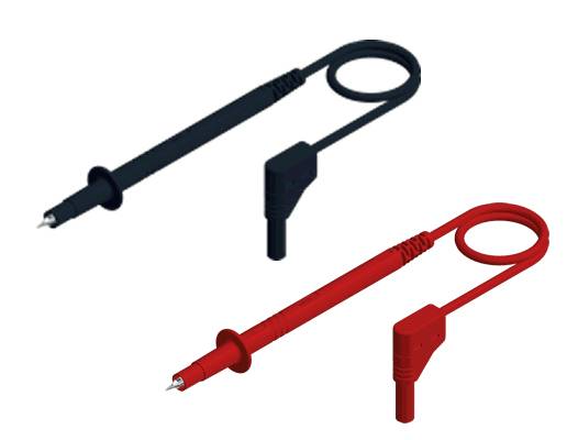 Two insulated test probes, one black and one red, each with a pointed metal tip and angled connector, shown on a white background.