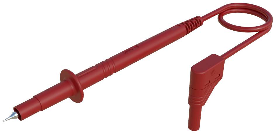 Red measuring sensor with cable and angled connection plug, suitable for electrical measurements in technical applications.