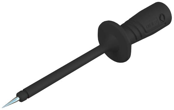 Soldering iron with a black handle and sharp metal tip for precise soldering of electronic components.
