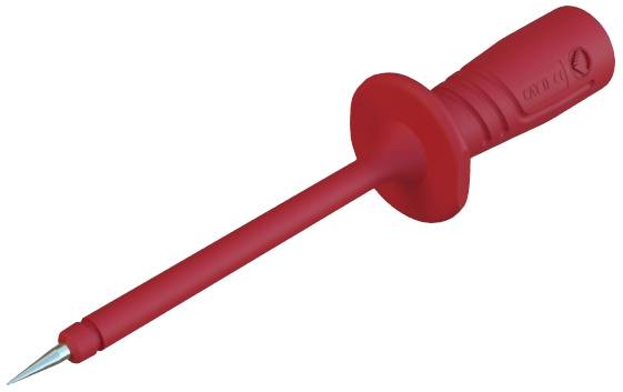 A red voltage tester with handle and protective guard, used for electrical measurements.