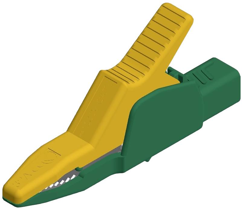 A yellow-green crocodile clip, commonly used in electrical tests or connections, demonstrates robust construction and a knurled grip.