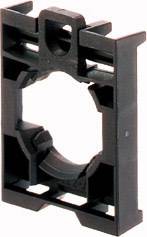A black plastic component with a rectangular shape and a large, central, round cut-out. Structural part or mounting bracket.