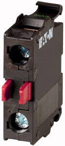 Black safety circuit breaker with red switches, vertically oriented. Marked with white lettering on the side.