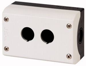 A rectangular, white housing with two circular cut-outs on the front face, suitable for switch or button installation.