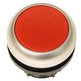 Red button in a silver casing, made of plastic, possibly a button or switch, isolated on a white background.