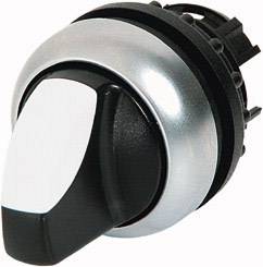 A black, round rotary knob with a silver-coloured border, used for controlling or adjusting devices or machines.