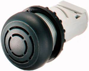 A round black buzzer with circular slots for sound output on a white base, used for acoustic signalling.