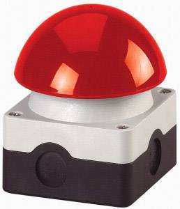 A large red button on a grey and black casing, often symbolically representing emergency or critical decisions.