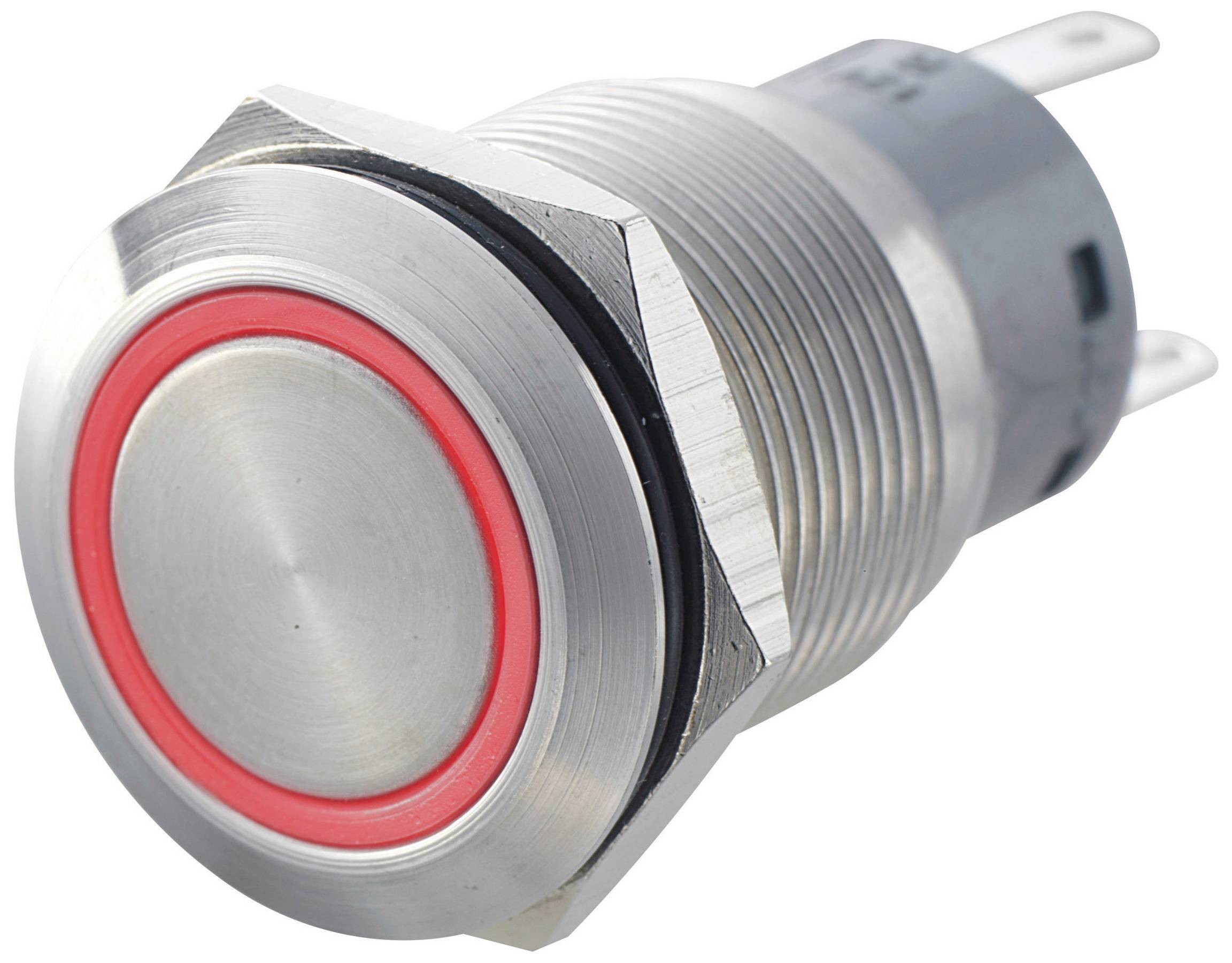 Metal switch with a red ring, representing an illuminated push button. Used in electronic devices to control functions.(Note: The translation is already in British English, so no significant changes were needed.)