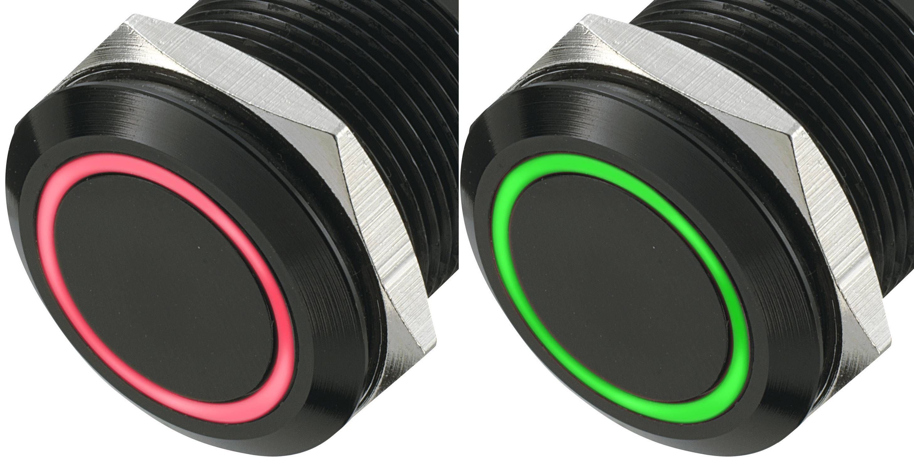 Two black buttons side by side: the left one glows red, the right one green. Potential indication function for operational states.
