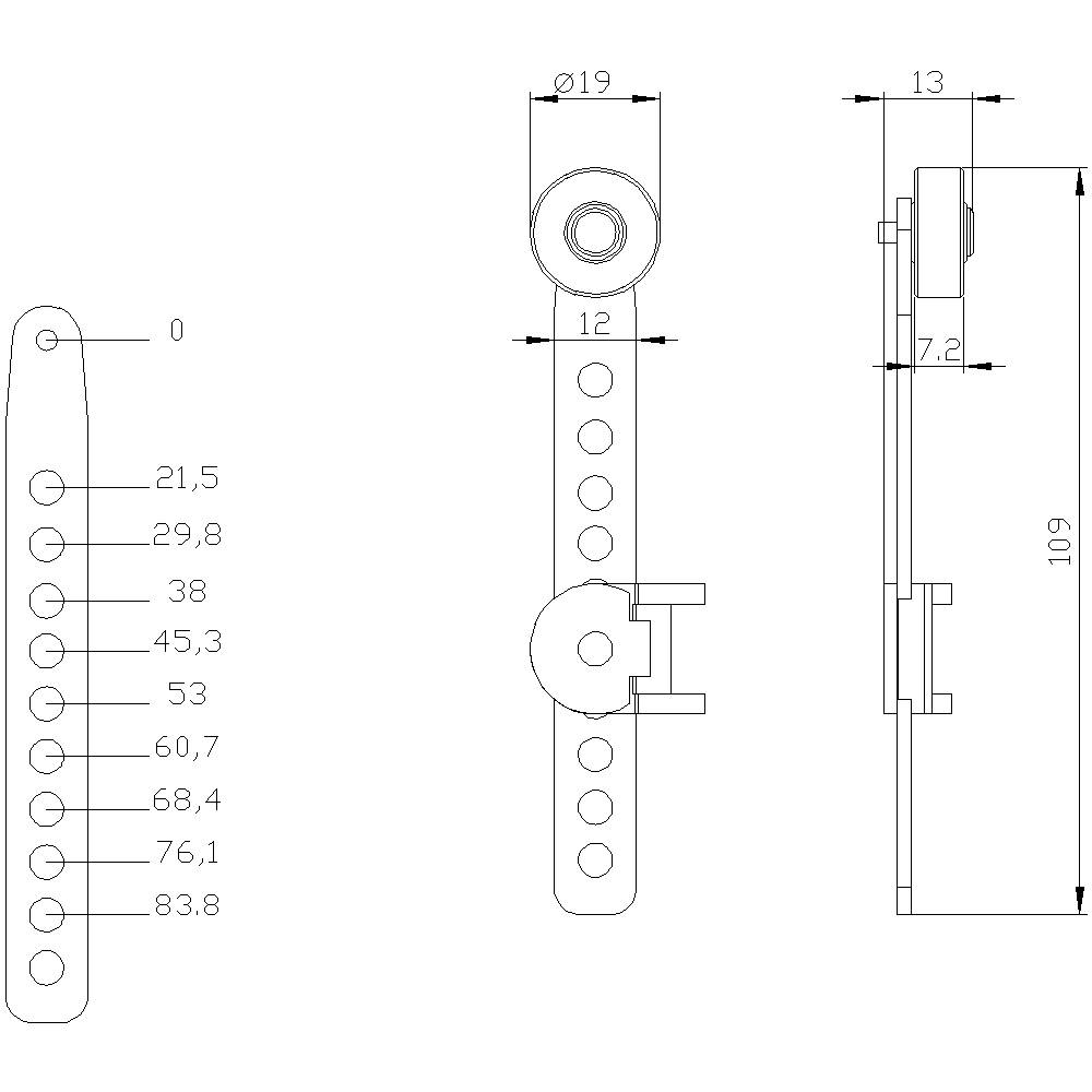Technical drawing of a mechanical component with three views: front, side, and top. Dimensions and holes are indicated.
