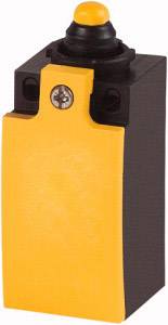 Yellow push-button switch with a black housing, suitable for industrial applications.