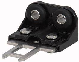 A black electrical plug with two metallic contact pins and two round socket outlets, set against a light background.