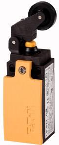 A yellow safety switch with a black lever and wheel. Used in machinery to control movements and ensure safety.