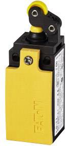A yellow limit switch with a black housing and yellow lever by the brand 'Telemecanique', used in industrial applications for machine controls.