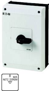 Switch cabinet with rotary switch for controlling emergency power and mains power, marked with 'EMERGENCY POWER' and 'MAINS POWER'.