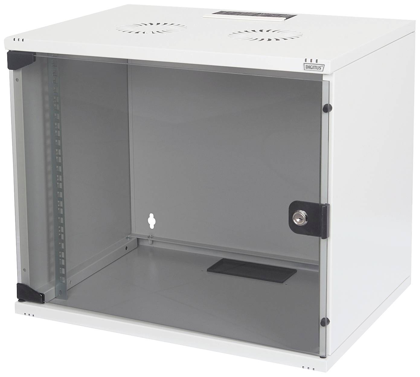 White, open metal cabinet with glass door and ventilation slots, suitable for IT or network equipment, with internal mounting options.