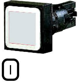 Black and white square switch with a grey centre and black casing, shown next to a symbol with the number 1.