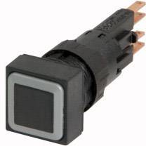 A square black push button with a metal frame and three copper terminals. Suitable for electronic circuits.