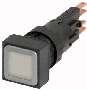 A black, square push button with a silver border, angled towards the top right. Visible electrical connections on the reverse side.