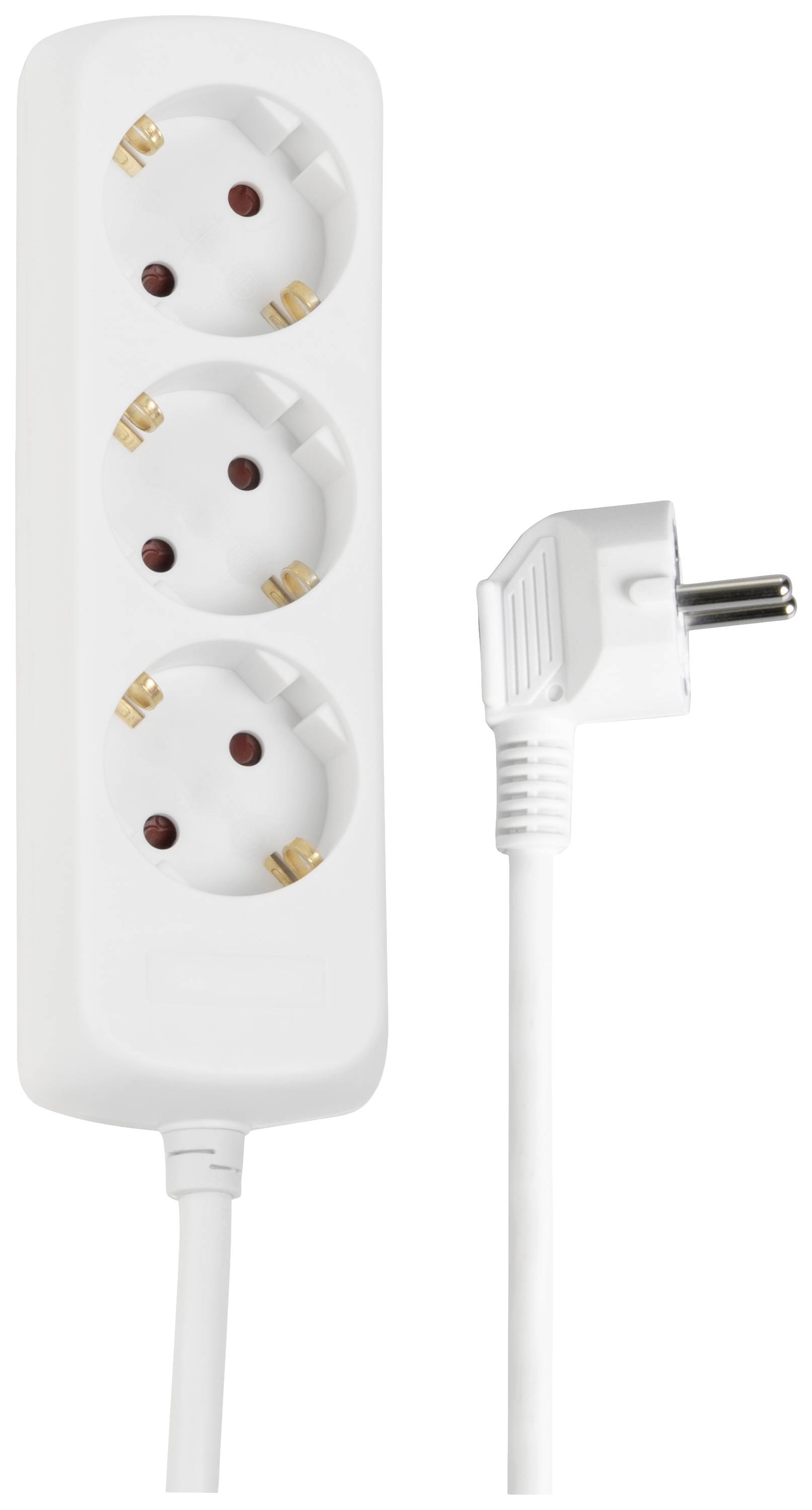 White triple socket strip with attached cable and right-angled plug.