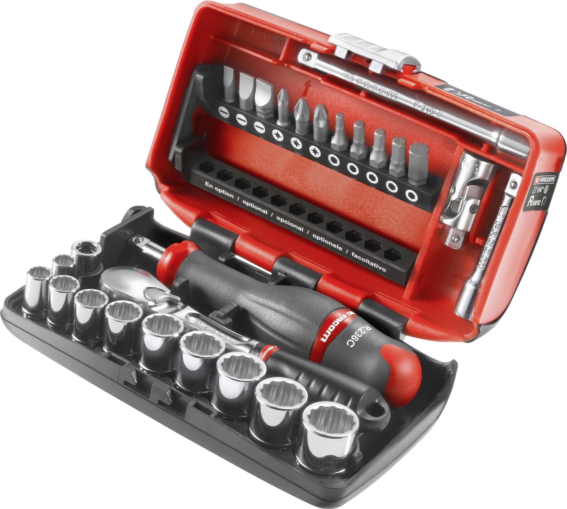 An opened, red toolset with various screwdriver bits and socket keys, organised in rows.