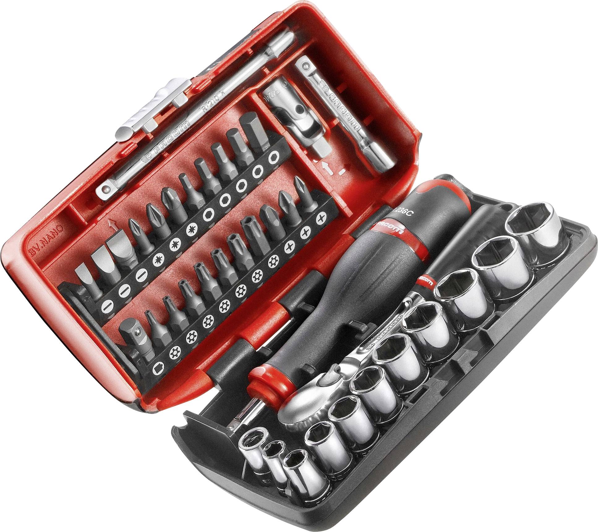 'Tool set in a red box, includes screwdrivers, bits and sockets in various sizes.'Note: The translation is already quite close to British English, with no significant changes needed.