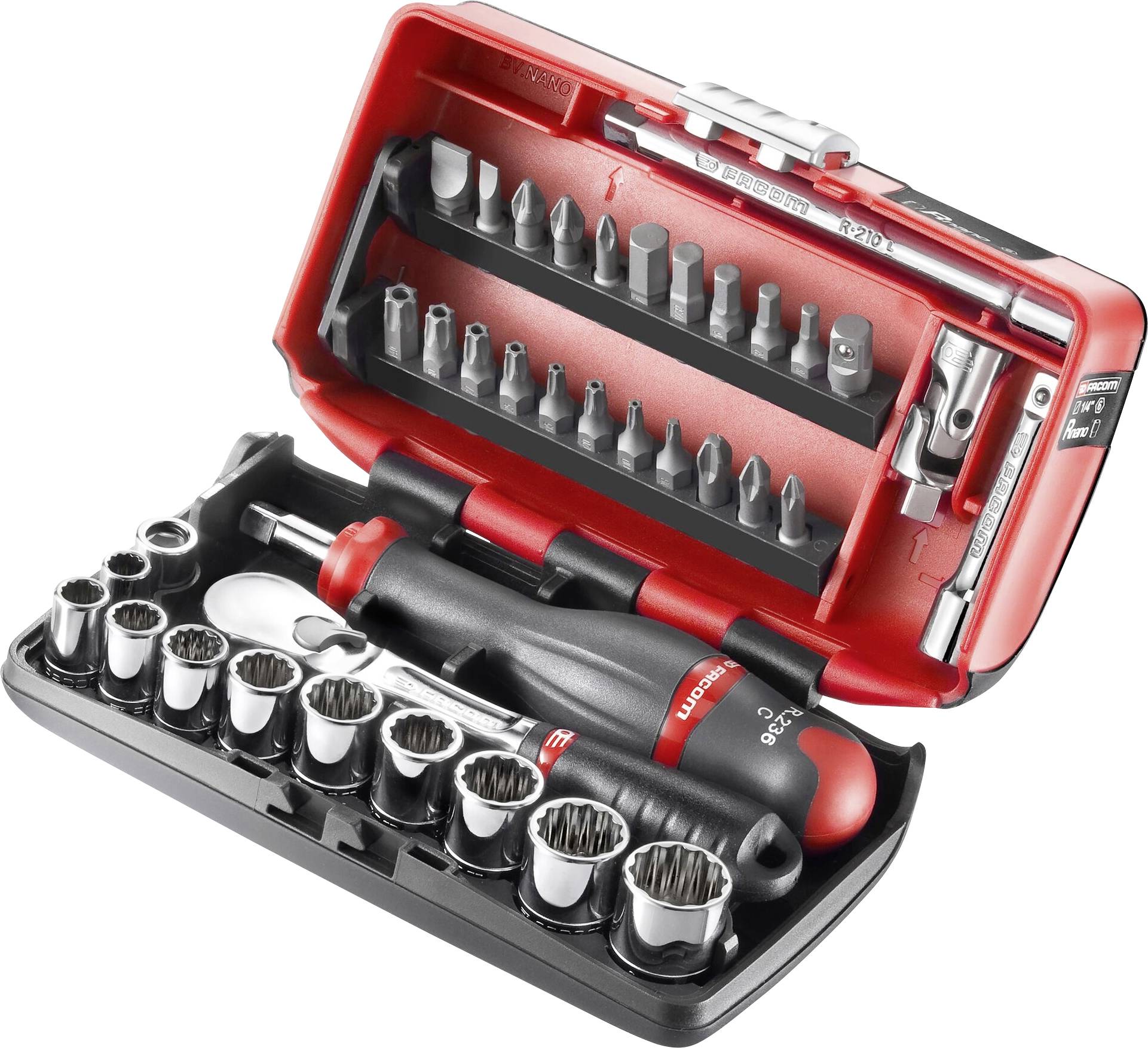 A tool set with various bits and socket wrenches in an open, red plastic case. Main tools: ratchet, bits.