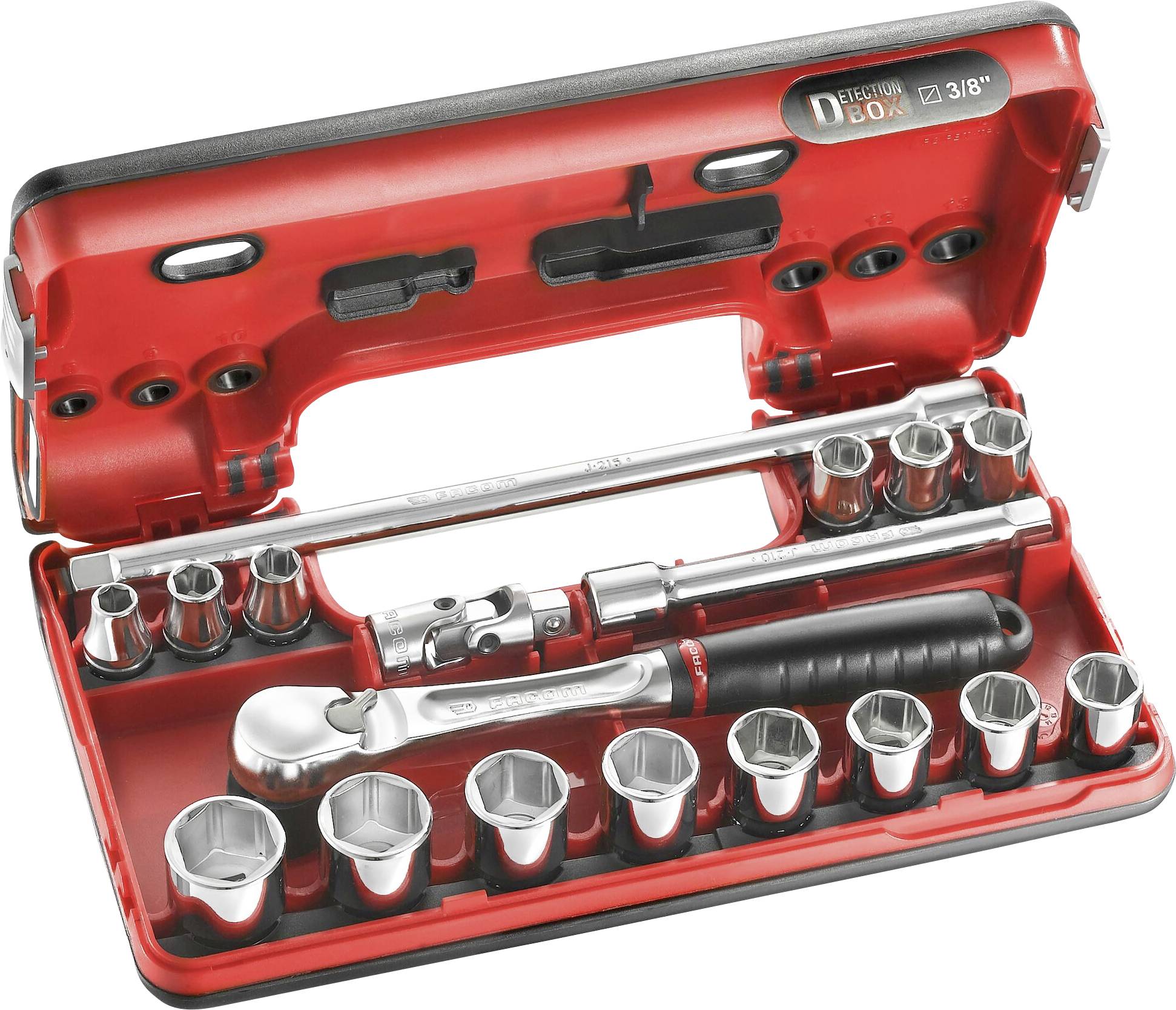 Ratchet set in red case with various socket nuts and ratchet, suitable for screw-related work.