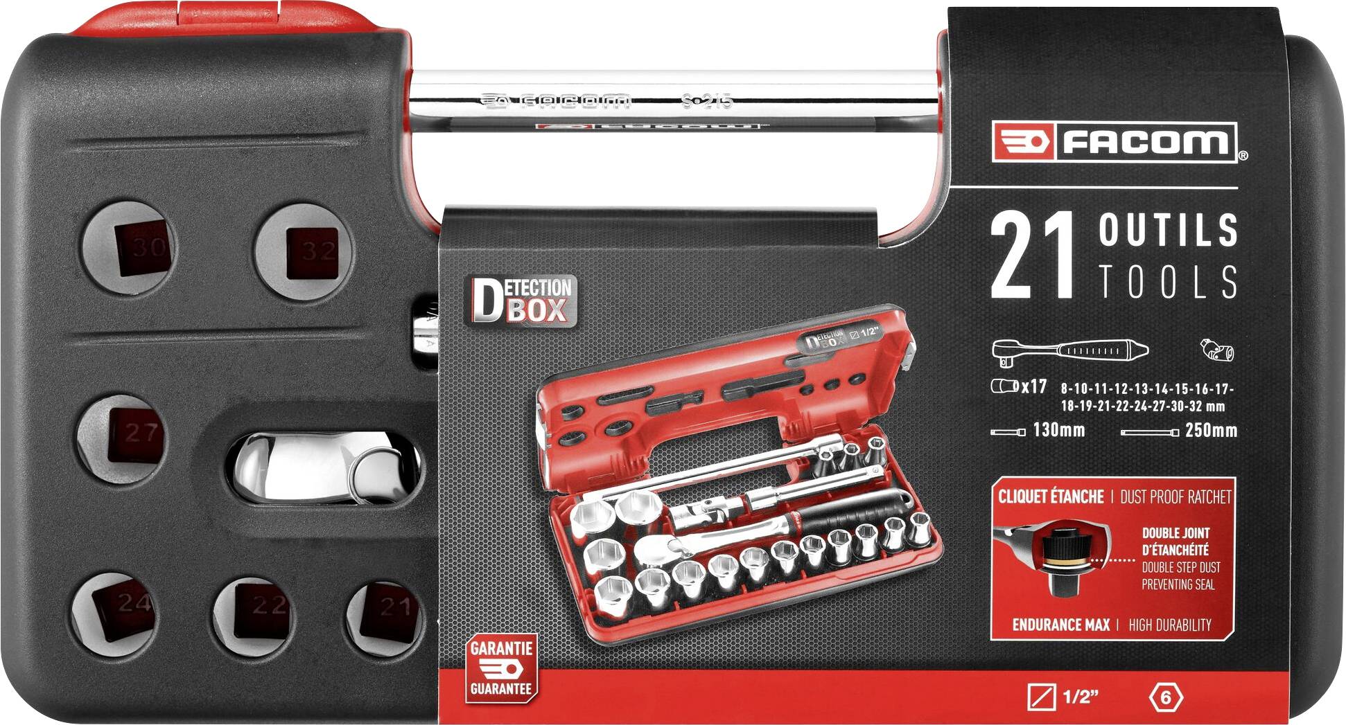Tool kit with 21 sockets and accessories, black and red design, Facom brand, includes various sizes and types of socket wrenches.