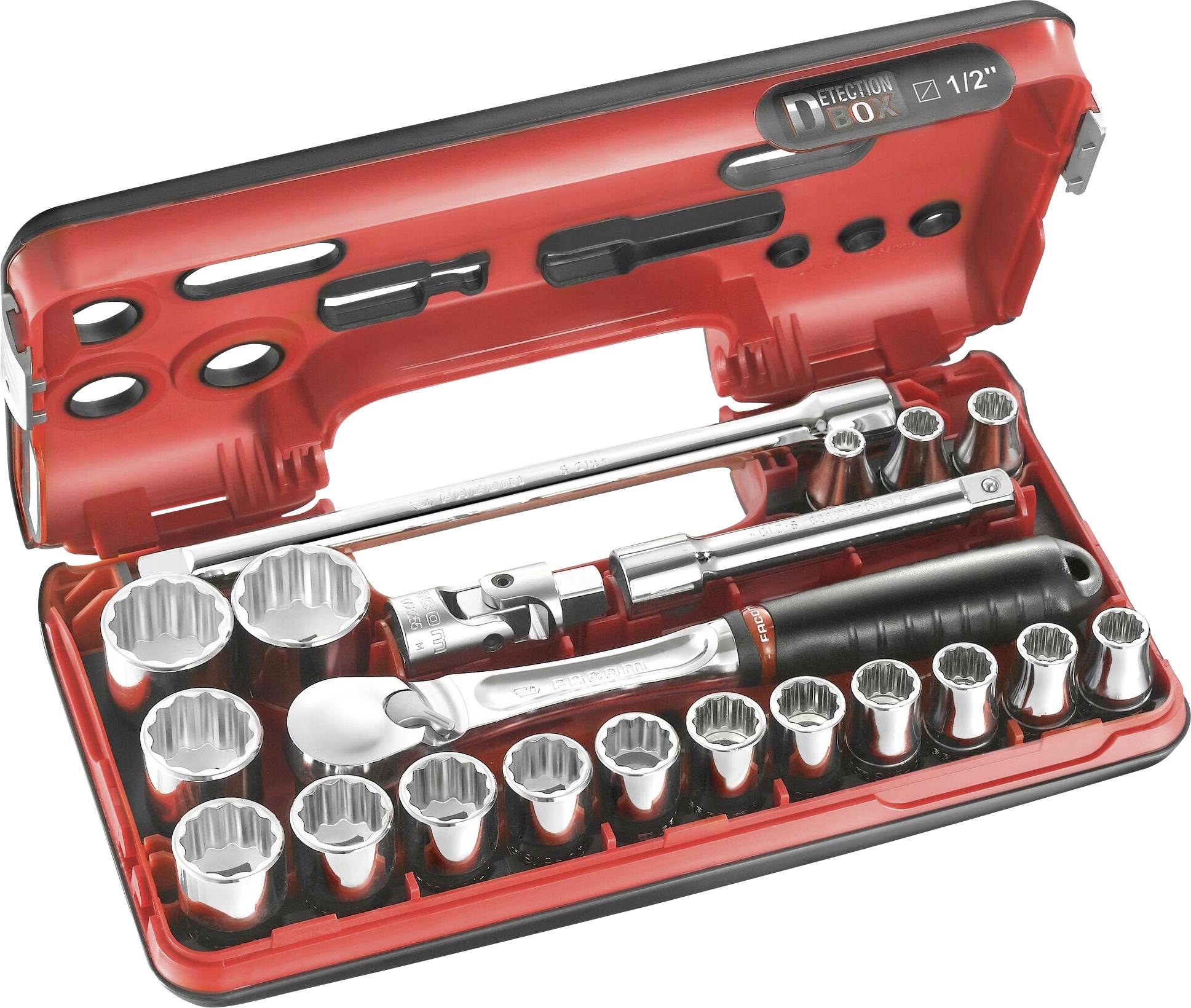 A ratchet set with various sockets, extensions and a ratchet, arranged in a red plastic case.