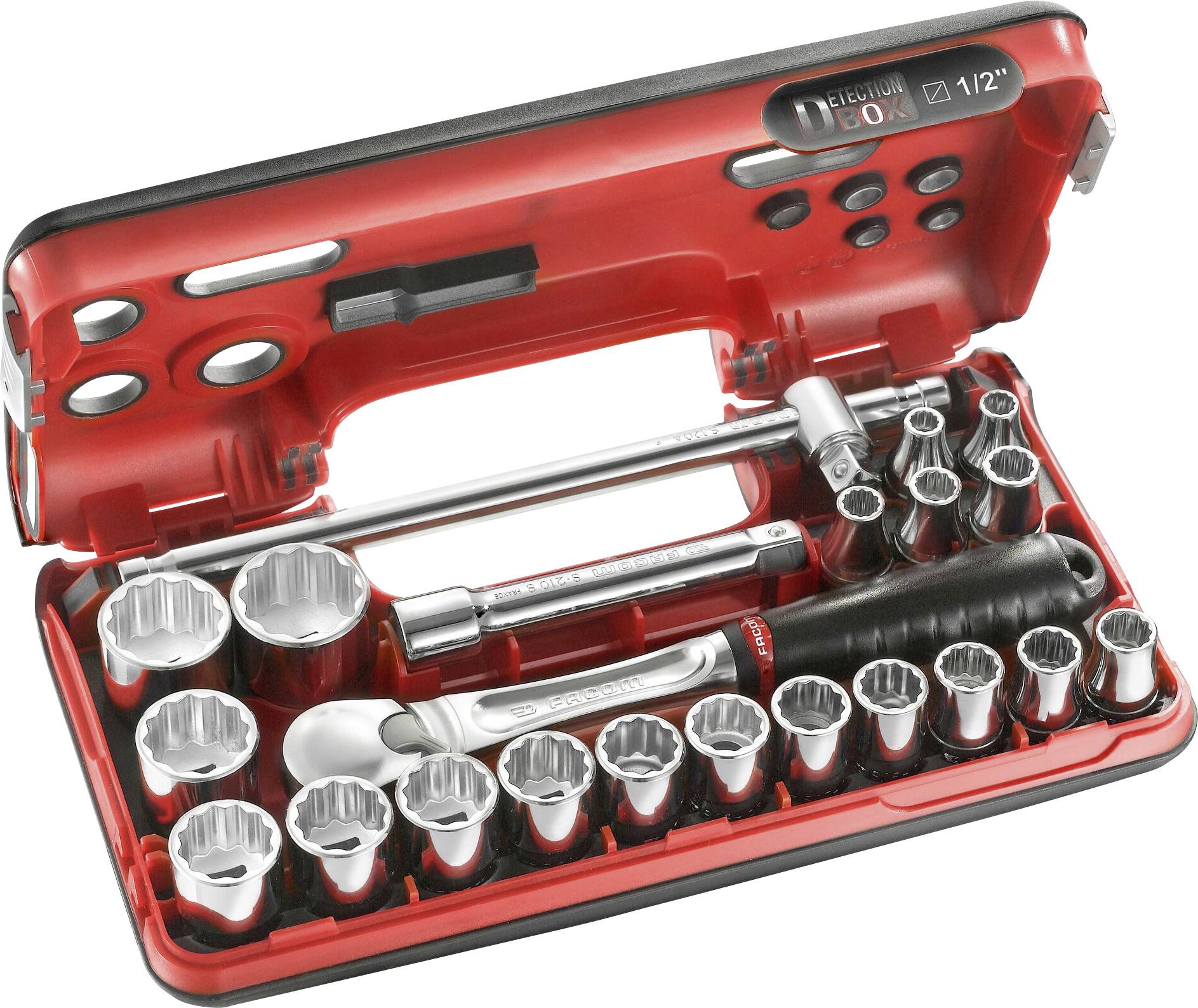 An opened socket wrench set with various socket sizes and a ratchet spanner in a red case.