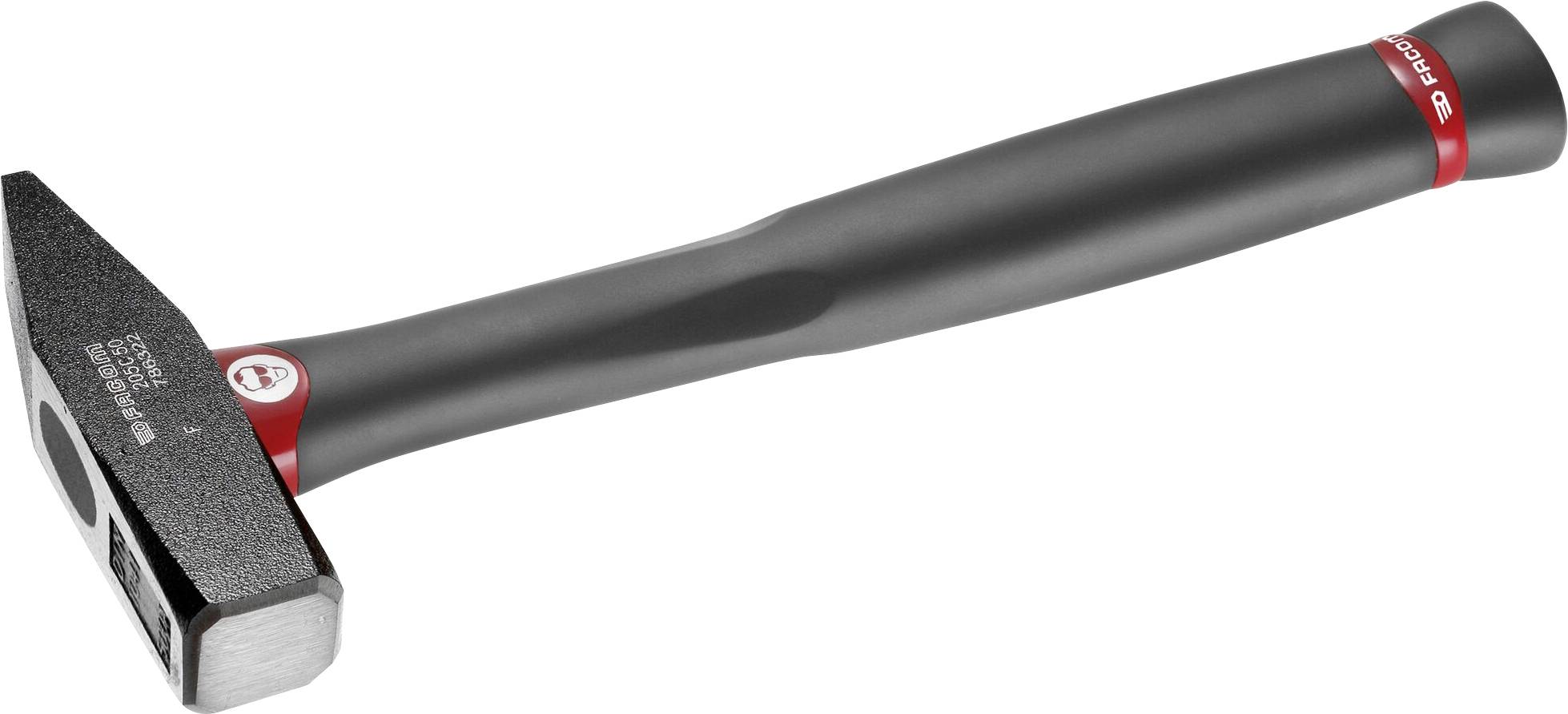 A black hammer with a red accent on the handle lies horizontally. The head is square-shaped. Ideal for carpentry work.